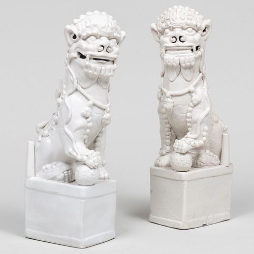 Two Chinese White Glazed Porcelain Buddhist Lion Joss Stick Holders