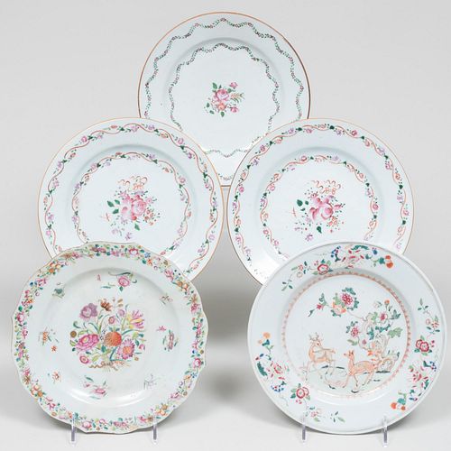 Group of Five Chinese Export Famille Rose Porcelain Plates