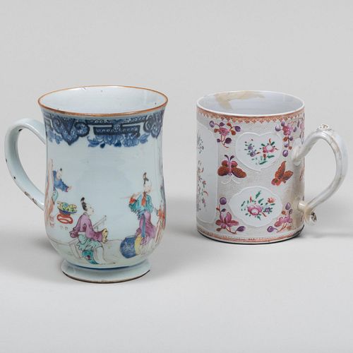 Chinese Export Famille Rose Porcelain Mug and an Underglaze Blue Porcelain Mug