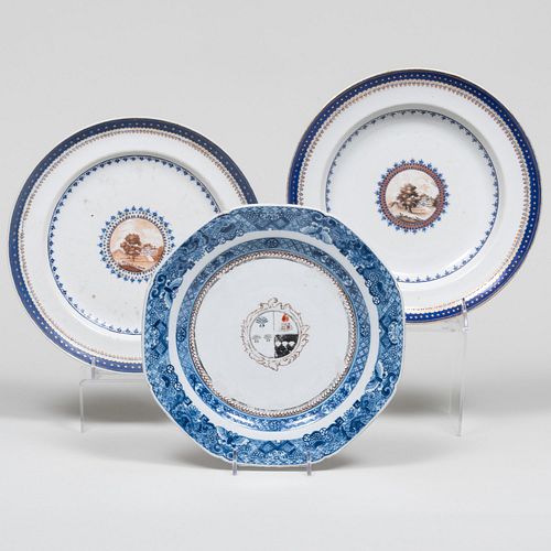 Pair of Chinese Export Porcelain European Subject Plates and an Armorial Plate