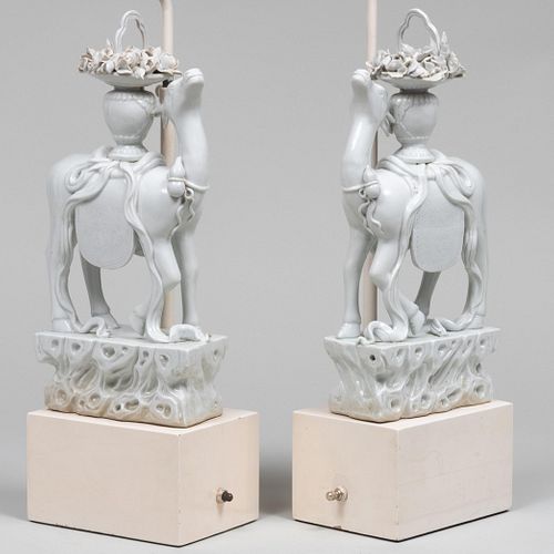 Pair of Chinese White Glazed Porcelain Figures of Deer Mounted as Lamps