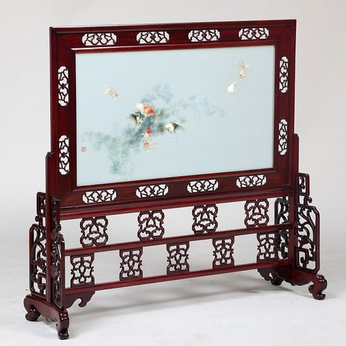 Chinese Mahogany and Glass Table Screen, of Recent Manufacture