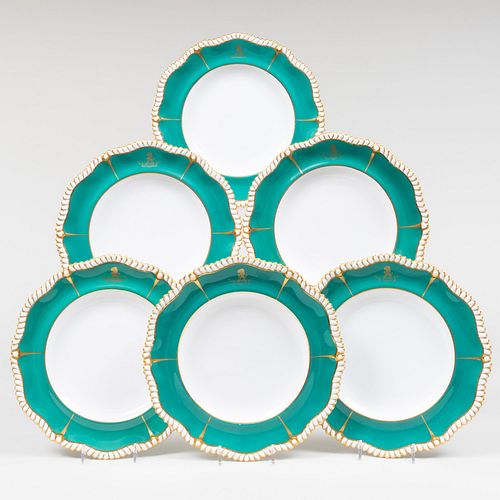 Group of Twelve Spode Green Ground and Gilt Armorial Porcelain Dinner Plates