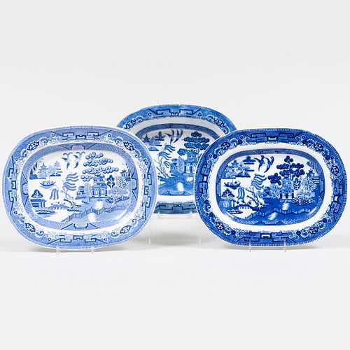 Group of Three English Blue and White Transfer Printed  Platters in the 'Blue Willow' Pattern