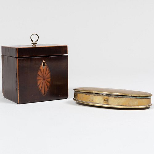 English Inlaid Wood Tea Caddy and a Dutch Brass Tobacco Tin