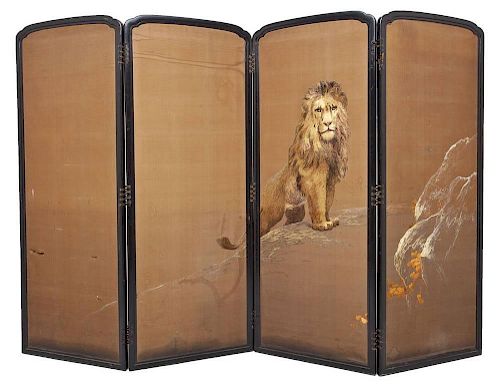 Japanese 4 Panel Embroidered Folding Screen
