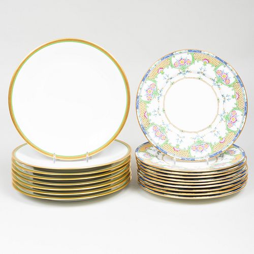 Set of Ten Minton Porcelain Plates and Eight Limoges Porcelain Plates