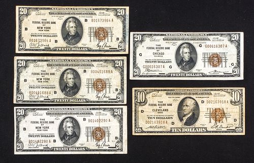 Five U.S. National Currency Notes - $20 and $10
