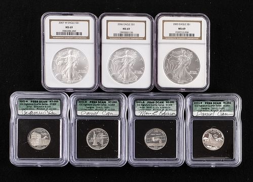 Three UNC Silver Eagles + Signed Proof Silver 25c
