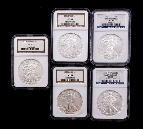 Five U.S. Silver Eagle - MS69 and MS70