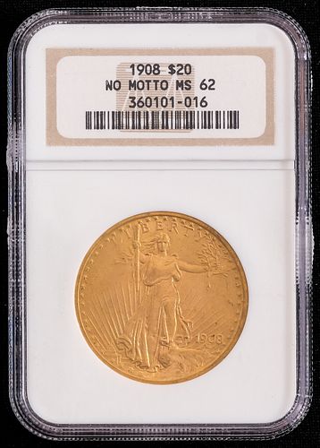 1908 St. Gaudens $20 Gold Coin - No Motto