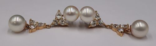 JEWELRY. Pair of 14kt Gold Diamond and Pearl Drops