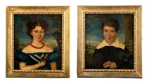 19th Century American School, Pair of Folk Art Portraits of a Brother and Sister