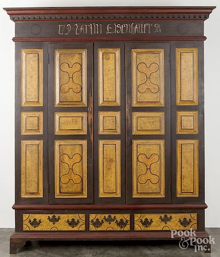 Charles Putt, contemporary painted pine schrank, having raised panels and dentil molding