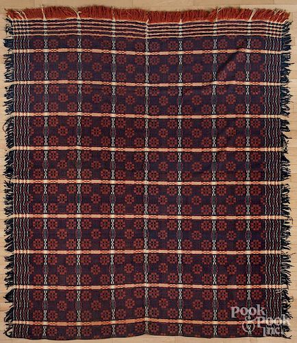 Red, white, and blue coverlet, mid 19th c., 96'' x 78''.