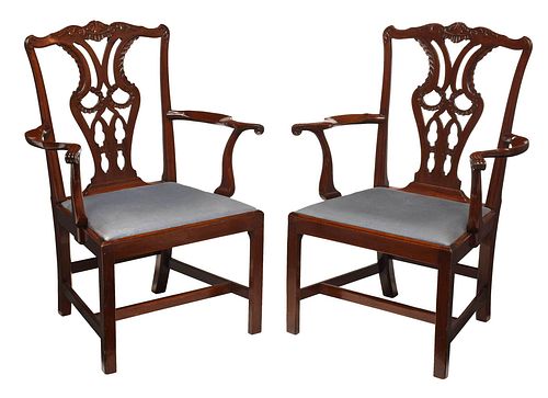 Pair of Chippendale Carved Mahogany Open Arm Chairs