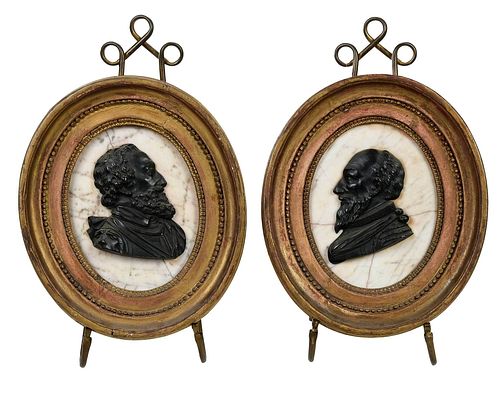 Pair Framed Bronze Valois Portrait Reliefs on Marble