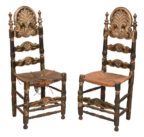 Pair Venetian Baroque Polychromed and Silver Gilt Chairs