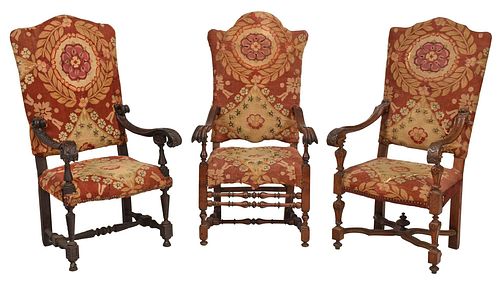 Three Large Baroque Tapestry Upholstered Open Armchairs