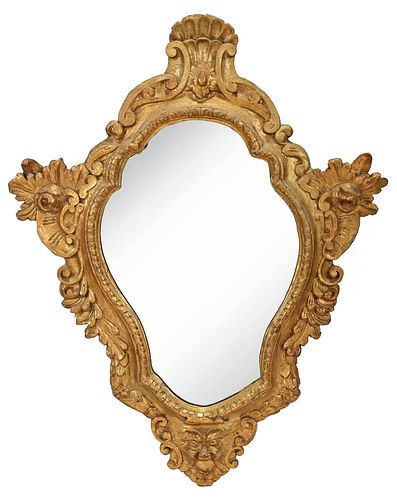 Venetian Baroque Carved Giltwood Cartouche Form Mirror