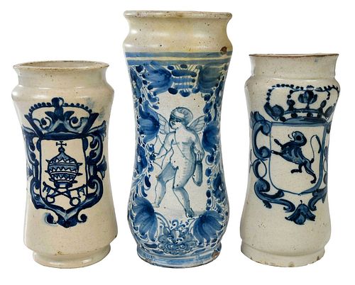 Group of Three Blue and White Faience Albarellos