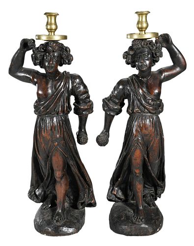 Pair of Carved Wood Figural Candlesticks