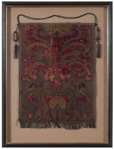 Early Framed Continental Parrot Embroidered Banner