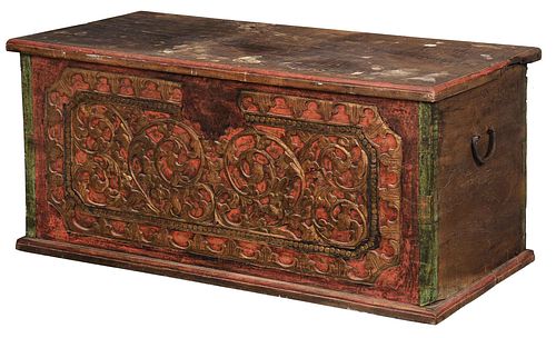 Early Carved, Painted and Parcel Gilt Mahogany Chest