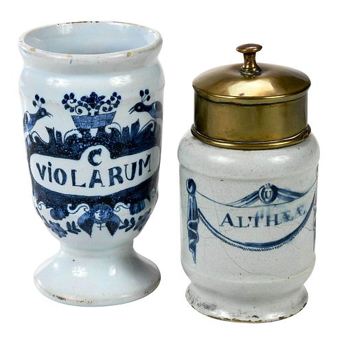Two Small Delft Blue and White Drug Jars