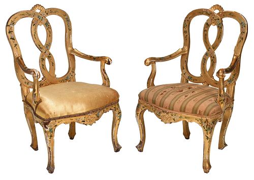 Pair of Venetian Baroque Polychromed Open Armchairs