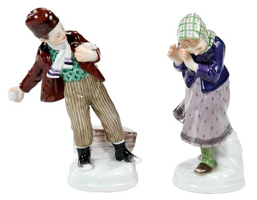 Two Meissen Porcelain Figurines, Snowball Fight