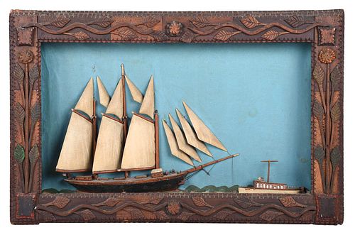 Folk Art Carved and Painted Nautical Diorama