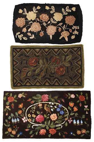 Three Hooked Rugs with Floral Designs
