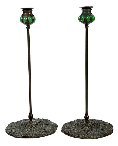 Reproduction Tiffany Favrile and Bronze Candlesticks