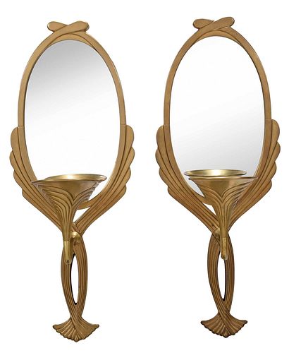 Pair Art Deco Brass Mirrored Trumpet Form Sconces