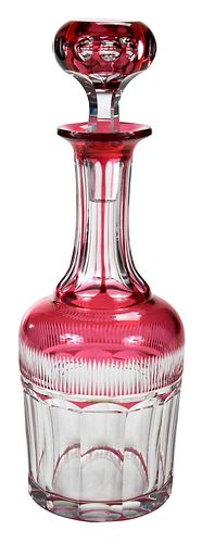 J. Hoare Cranberry Cut to Clear Glass Decanter