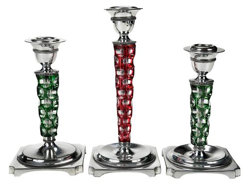 Three Pairpoint Silver Plate and Cut Glass Candlesticks