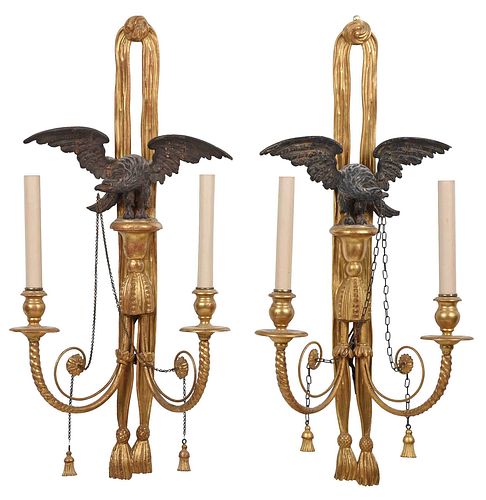 Pair Georgian Style Giltwood Two Light Wall Sconces