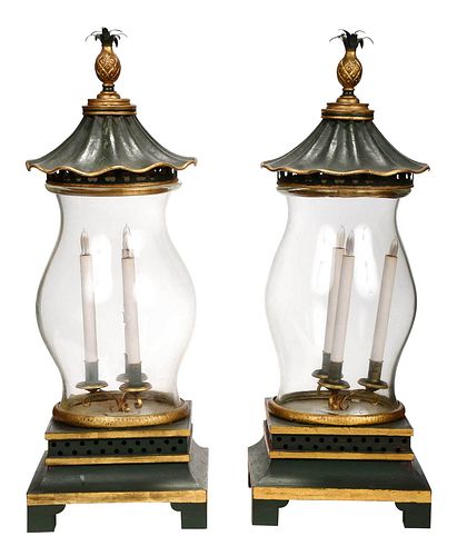 Pair of Regency Style Tole Painted and Glass Lanterns