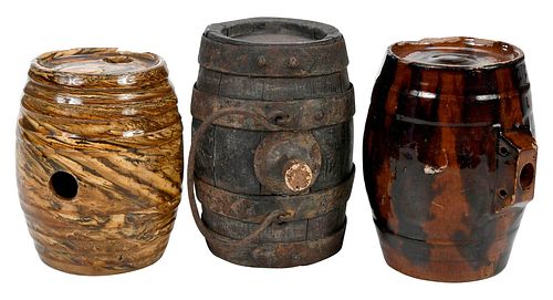 Group of Three Ceramic and Wood Barrels
