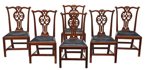 Set of Six Chippendale Mahogany and Leather Side Chairs