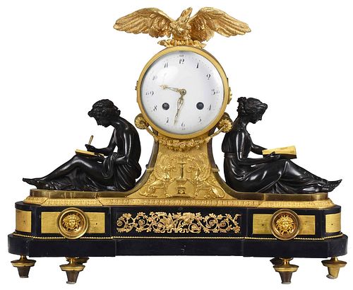 French Neoclassical Gilt Bronze Figural Mantel Clock