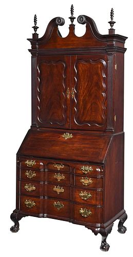 Massachusetts Chippendale Block Front Desk and Bookcase