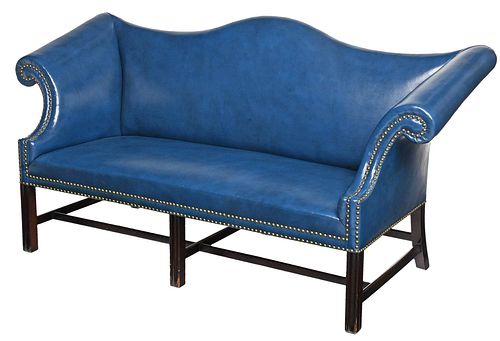 Chippendale Style Blue Leather Camel Back Sofa