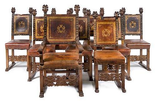 A Set of Nine Italian Tooled Leather and Mahogany Chairs Height of each 53 inches.