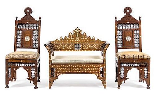 A Group of Syrian Mother-of-Pearl Inlaid Furniture Width of settee 50 inches.