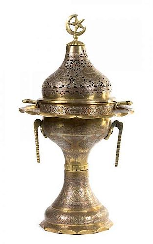 An Ottoman Patinated Mixed Metal Censer Height 44 inches.