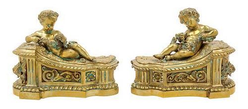 A Pair of French Gilt Bronze Figural Chenets Width 10 3/4 inches.