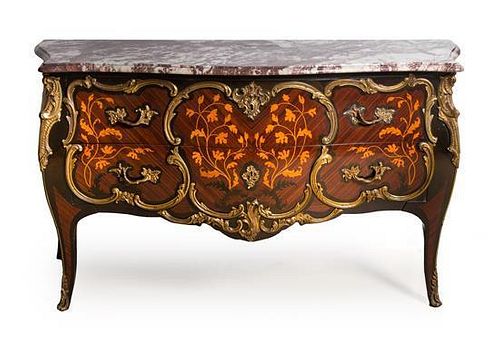 A Louis XV Style Gilt Metal Mounted Marquetry Commode Height 33 1/2 x width 61 x depth 22 1/4 inches.