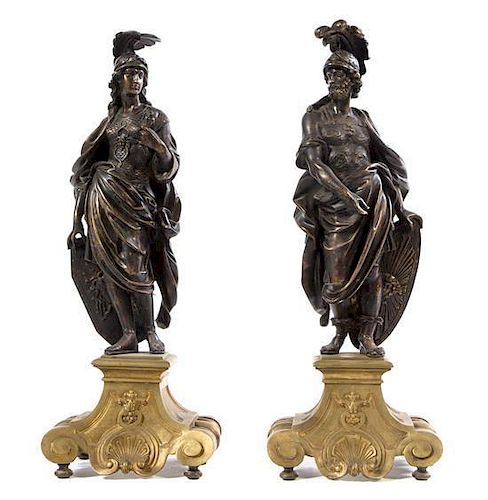 A Pair of French Gilt and Patinated Bronze Figural Chenets Height 22 1/2 inches.